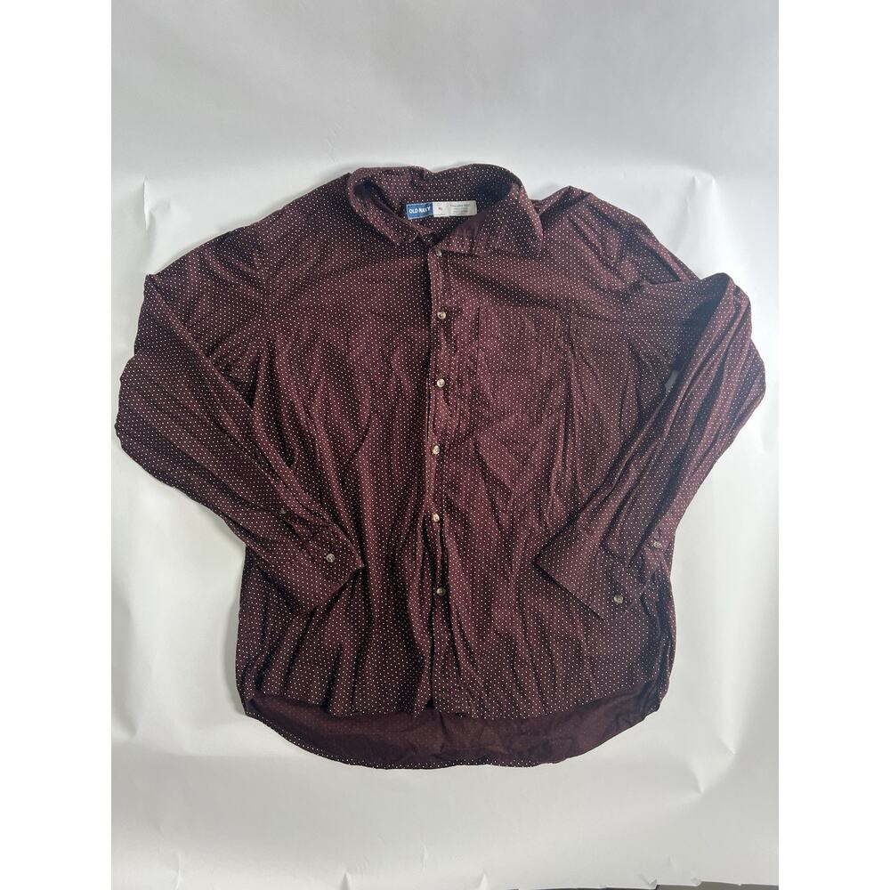 Old Navy Everyday Shirt Men's Regular Fit Burgundy Polka Dot Button-Up XL Long …